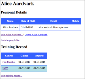 Screengrab of the Training Records application